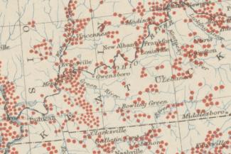 Historical map covered with red site markers showing archaeological locations across Kentucky.